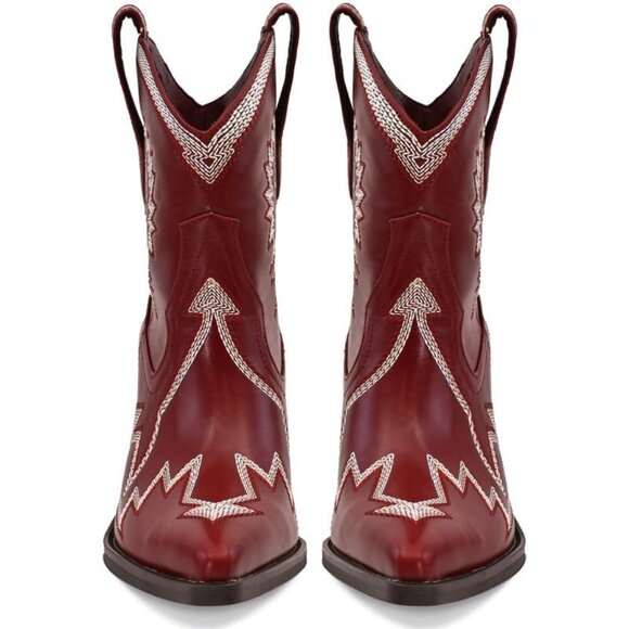 Women's Metallic Embroidered Pointed Toe Cowgirl Boots Chunky Pull-On Wine Red - Picture 3 of 6